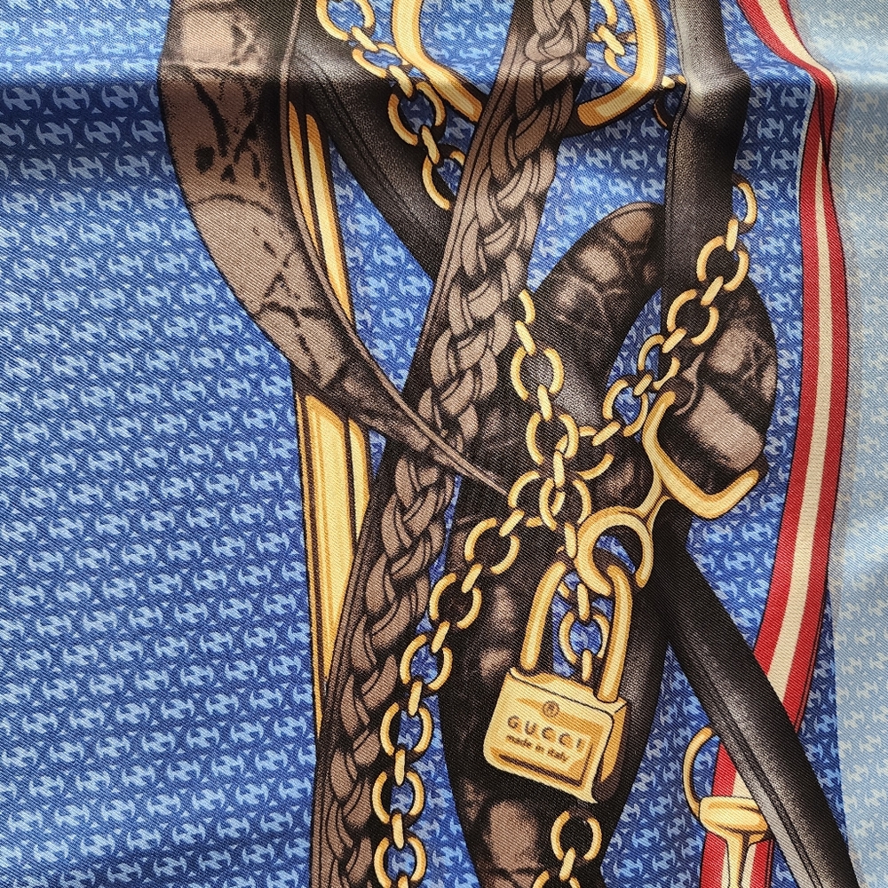 Auth Gucci NWT Equestrian Blue/Brown Silk Scarf - Picture 6 of 8